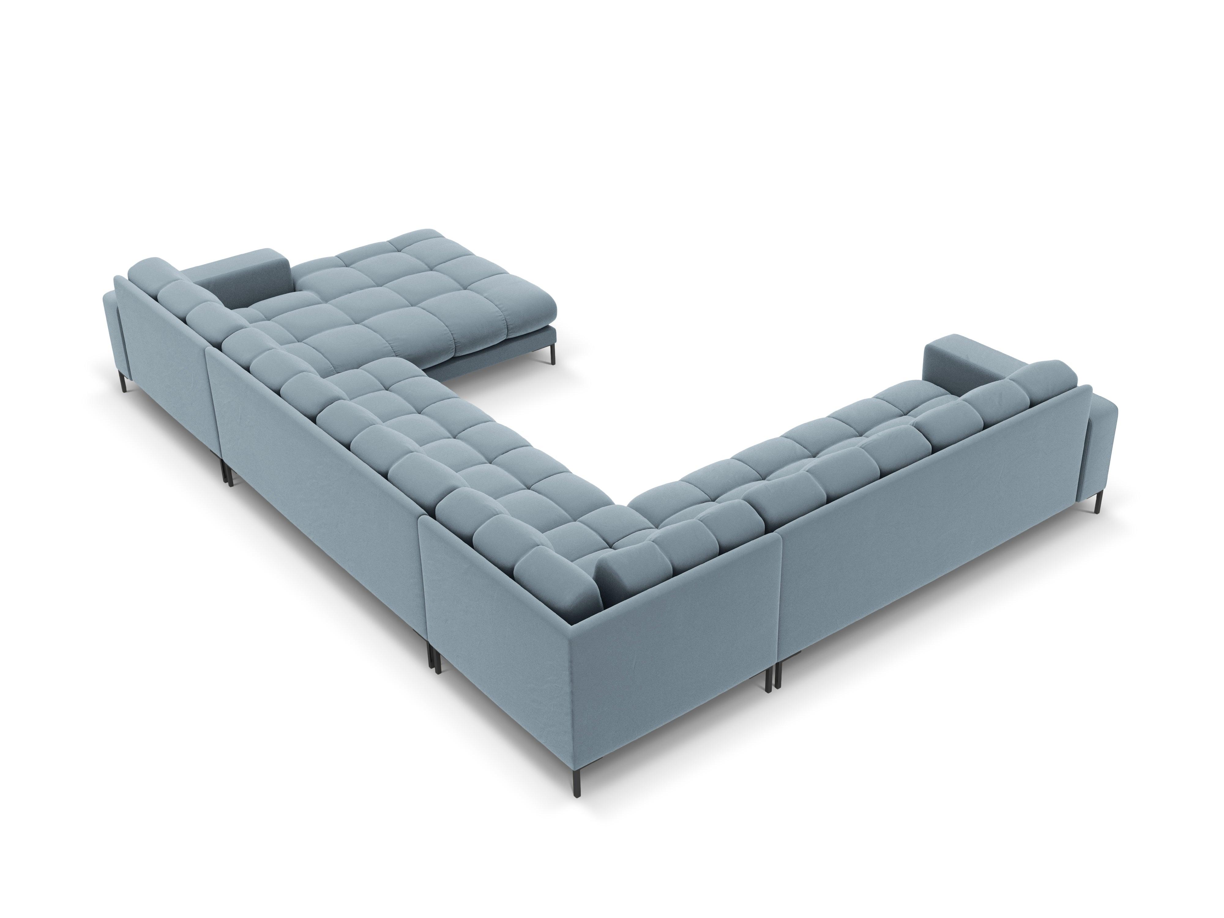 Panoramic velvet sofa left side 7 seater BALI light blue with black base - Eye on Design