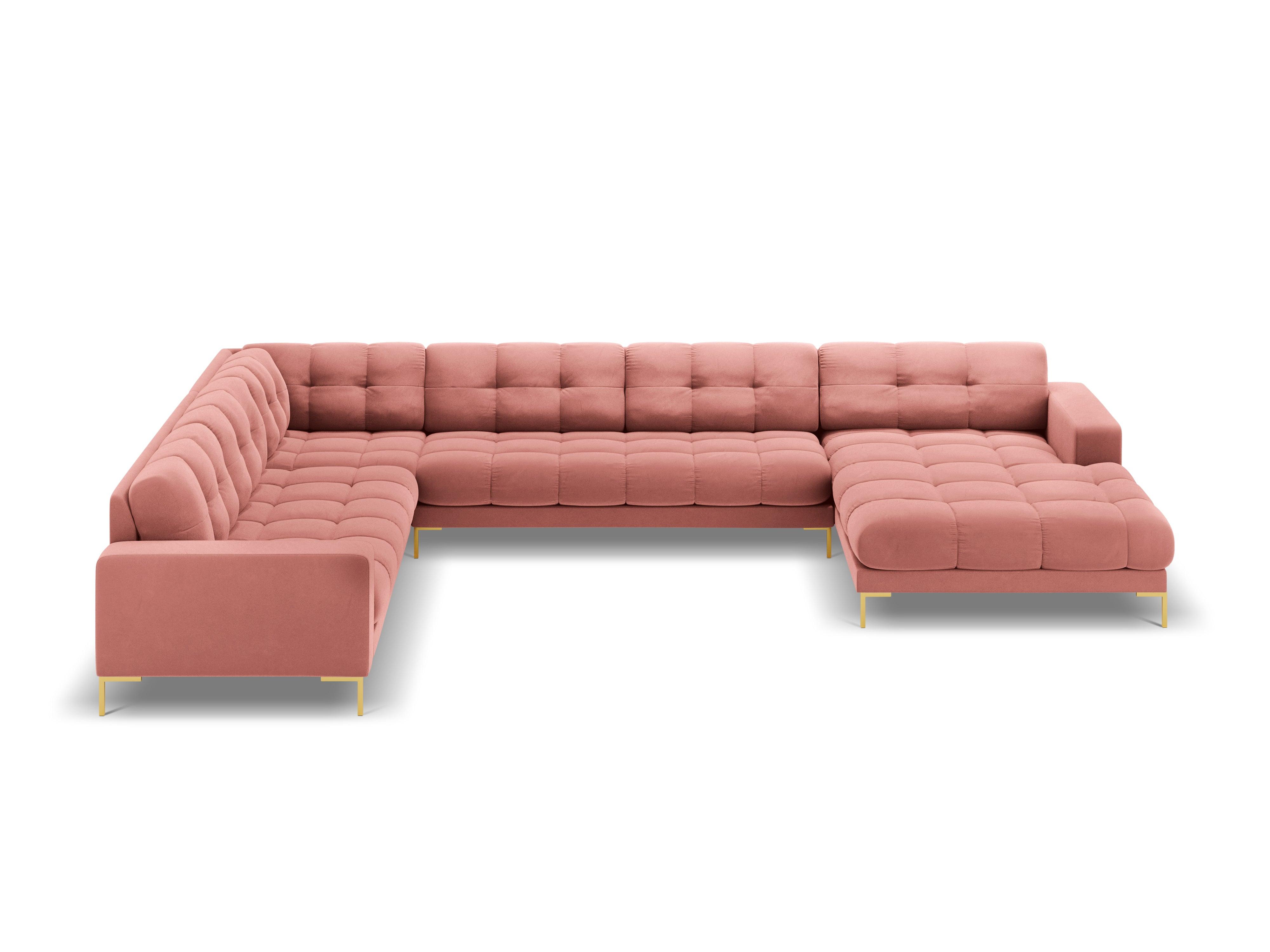 Panoramic velvet sofa left side 7 seater BALI pink with gold base - Eye on Design