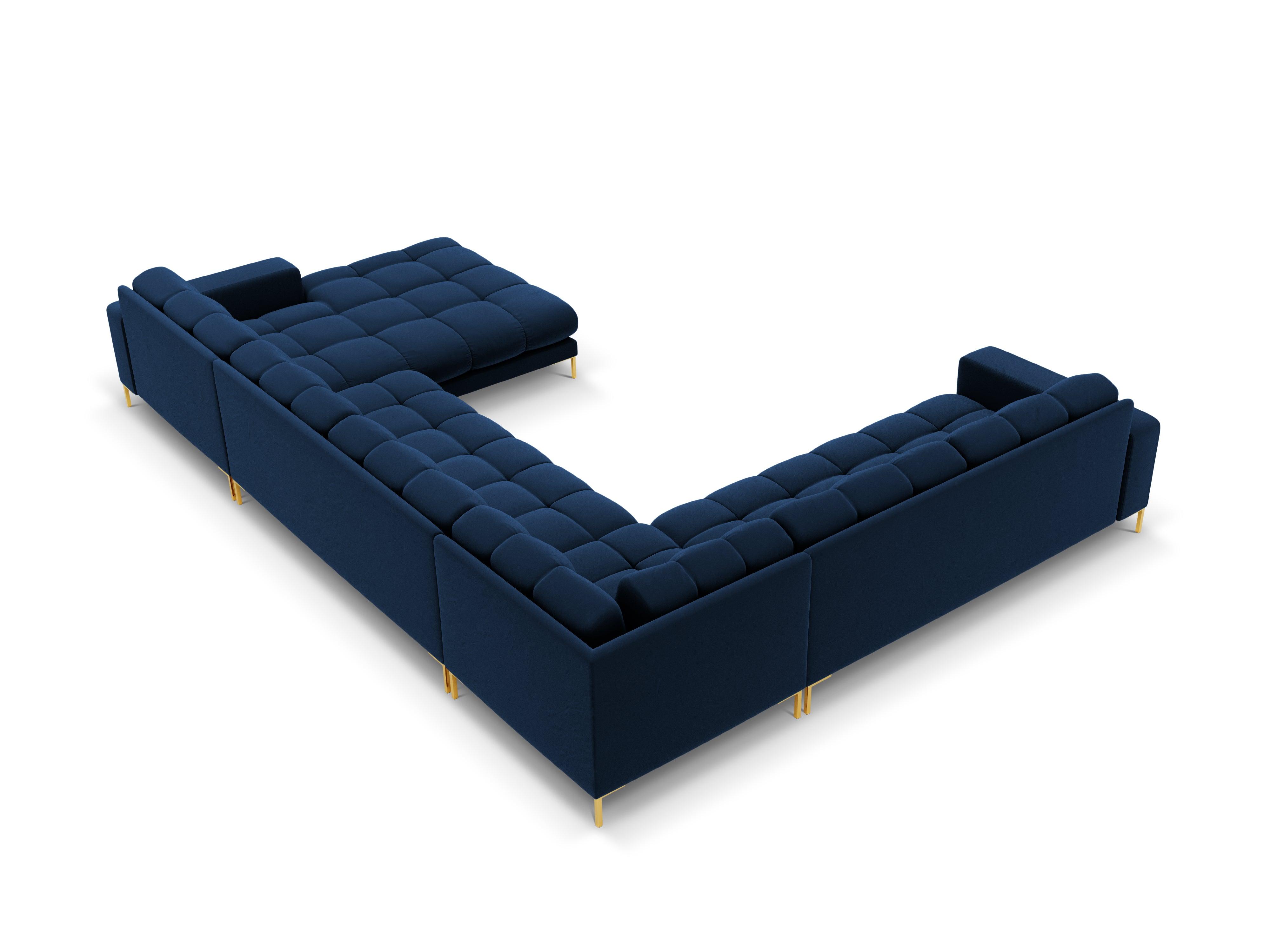 Panoramic velvet sofa left side 7 seater BALI royal blue with gold base - Eye on Design