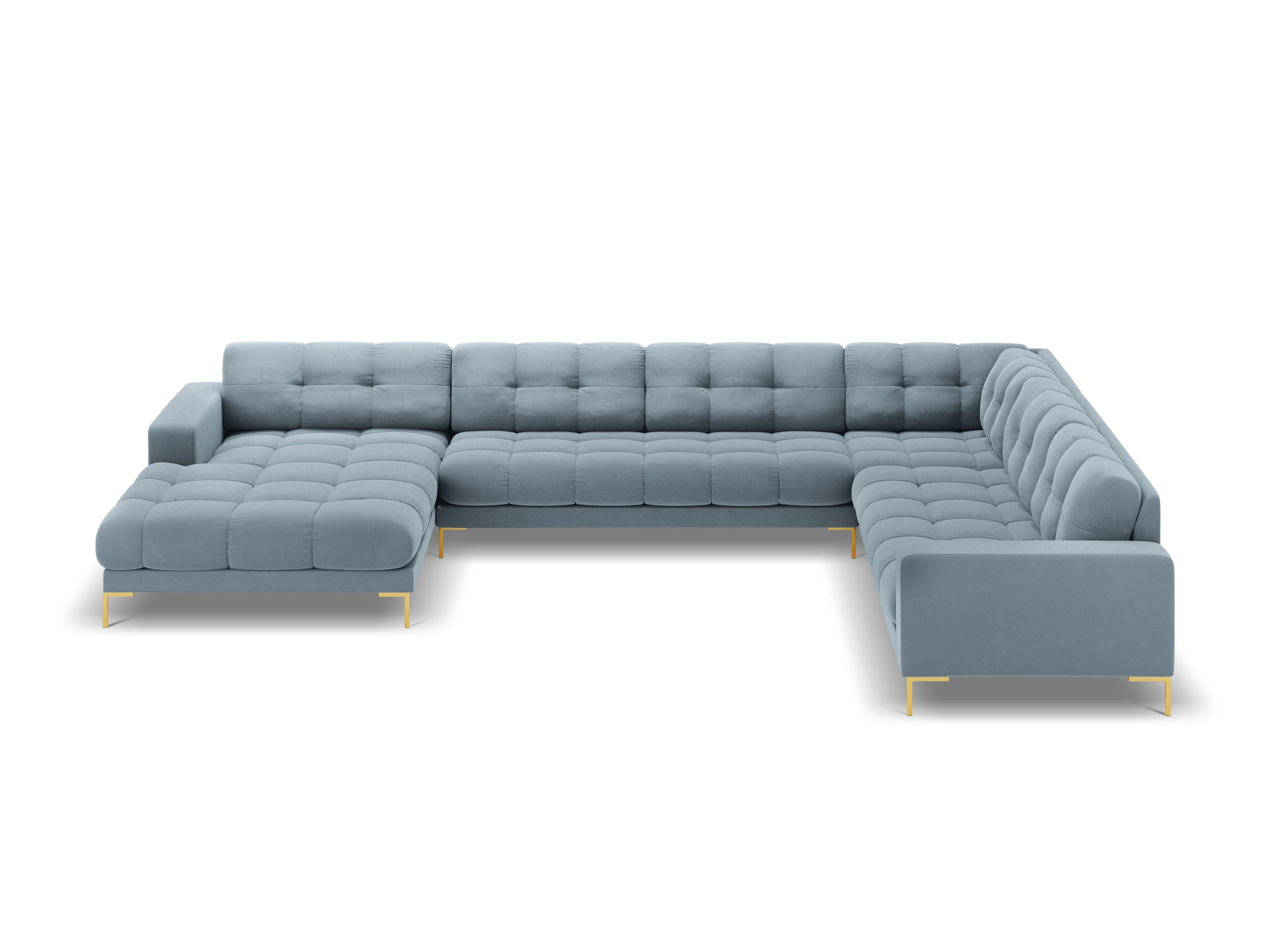 Panoramic velvet sofa right side 7 seater BALI light blue with gold base - Eye on Design