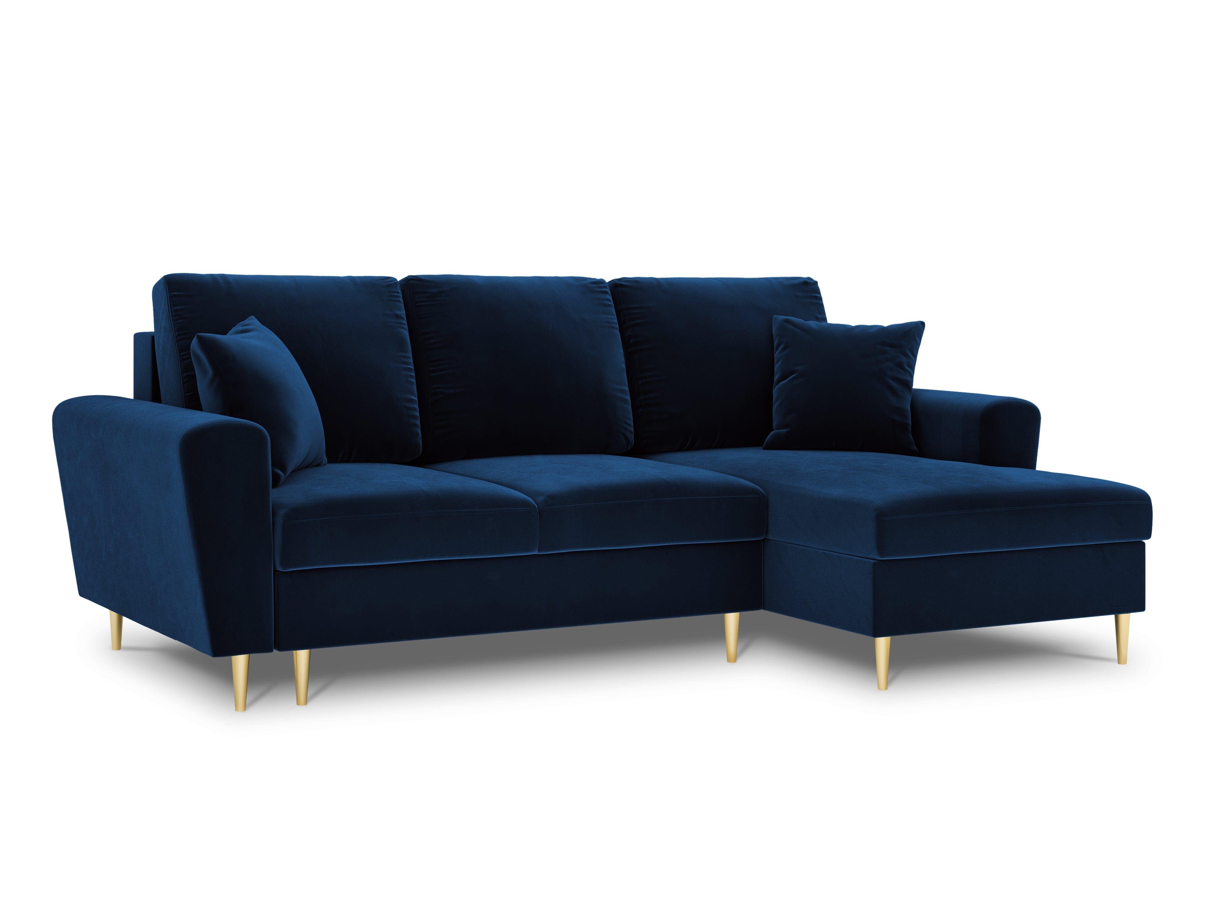 Right-hand corner velvet sofa with sleeping function KYOTO blue with golden base - Eye on Design