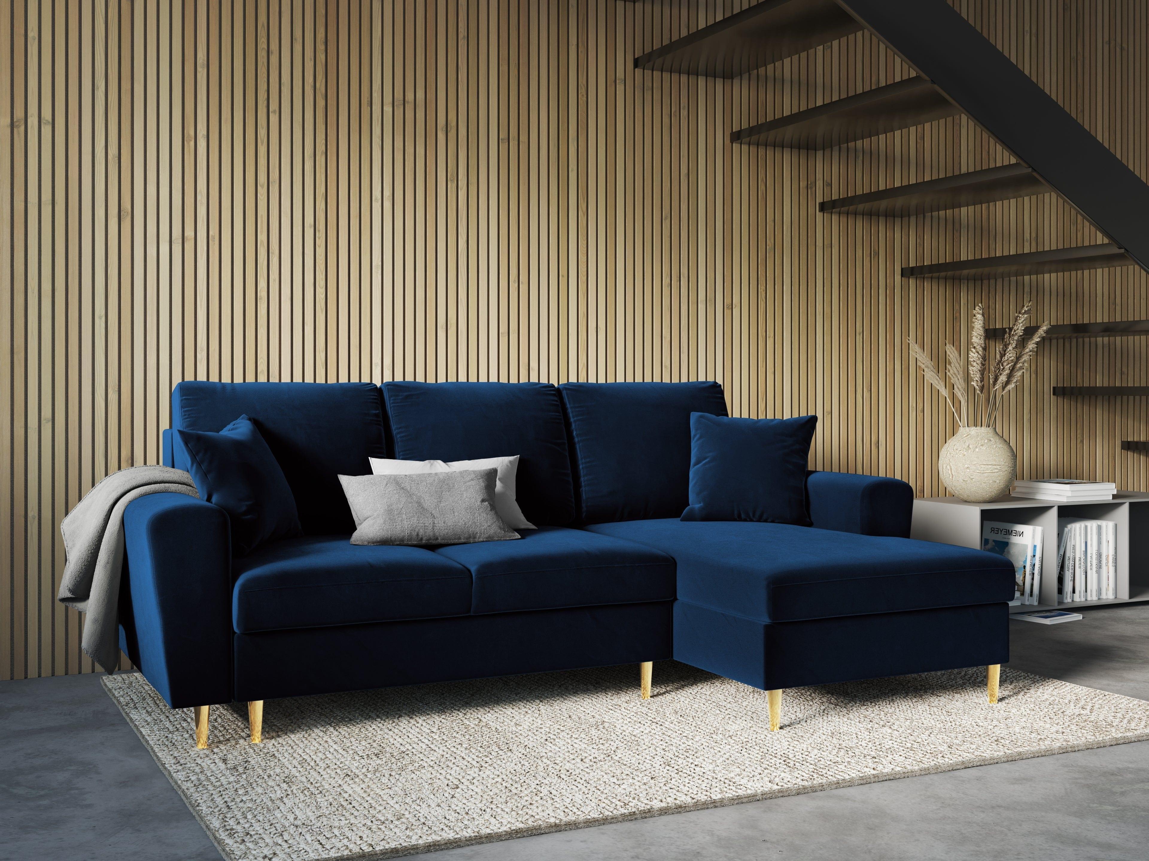 Right-hand corner velvet sofa with sleeping function KYOTO blue with golden base - Eye on Design