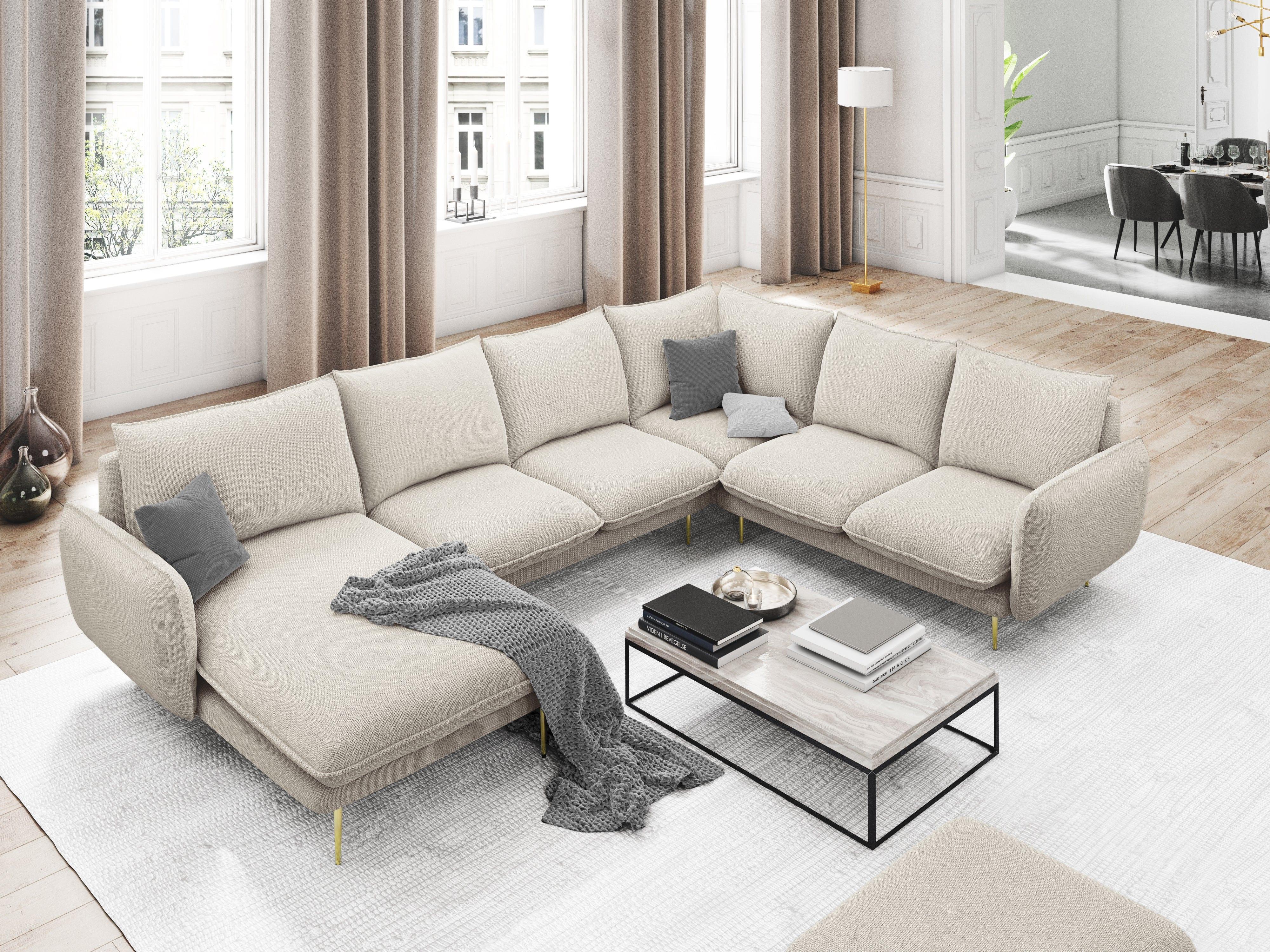 Right side panoramic corner sofa VIENNA sand with gold base - Eye on Design