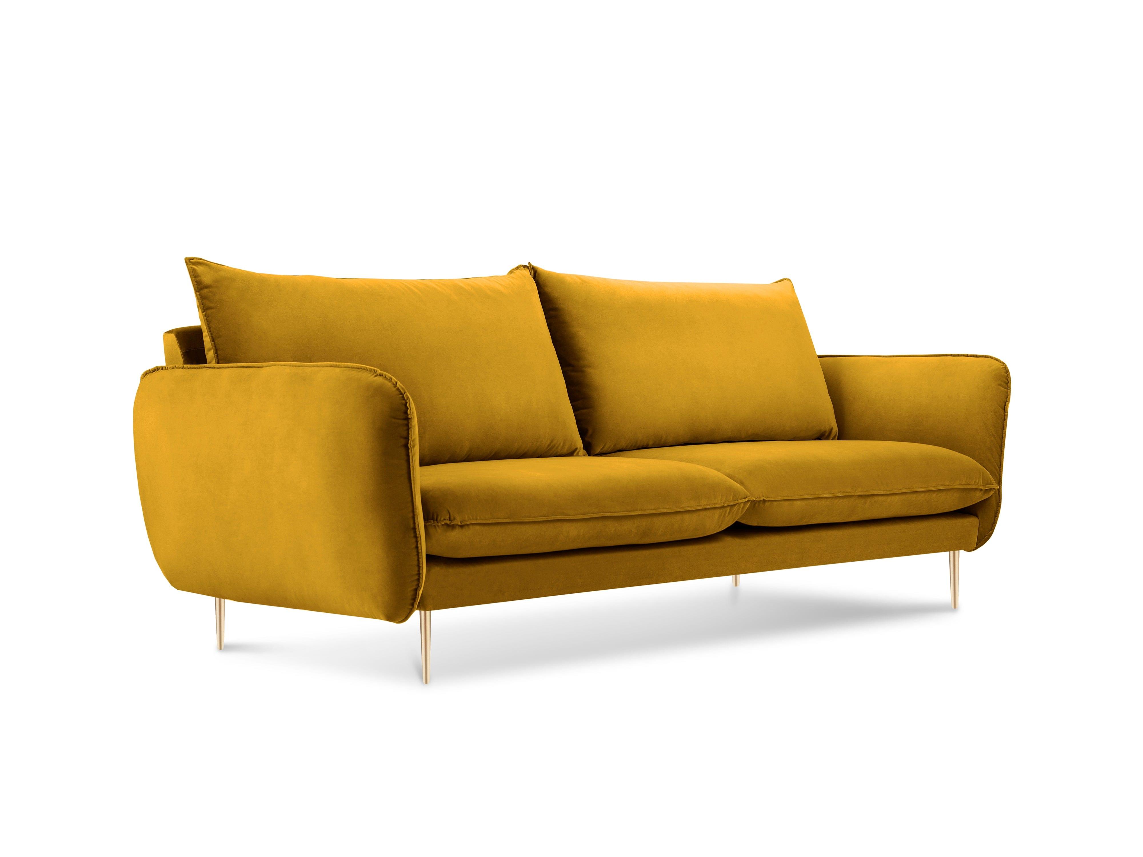 Velvet 2-seater sofa VIENNA yellow with gold base - Eye on Design