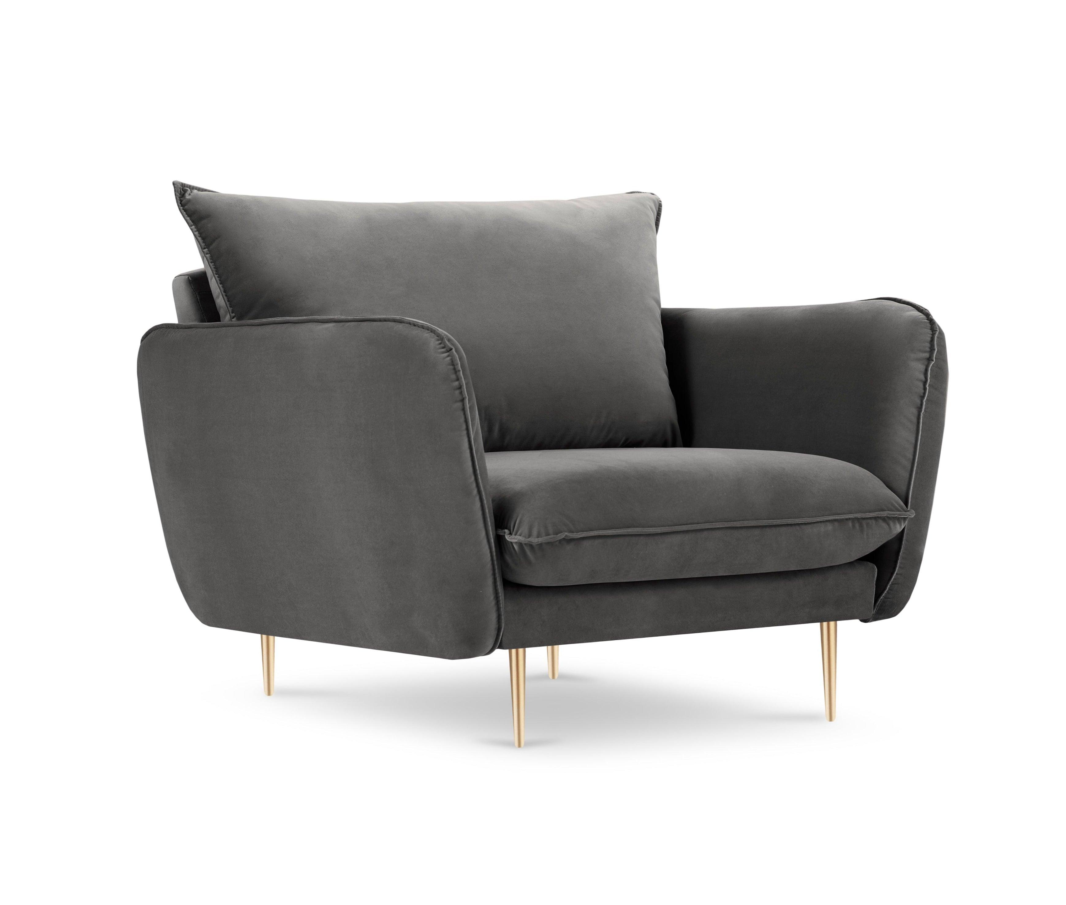 Velvet armchair VIENNA dark grey with gold base - Eye on Design