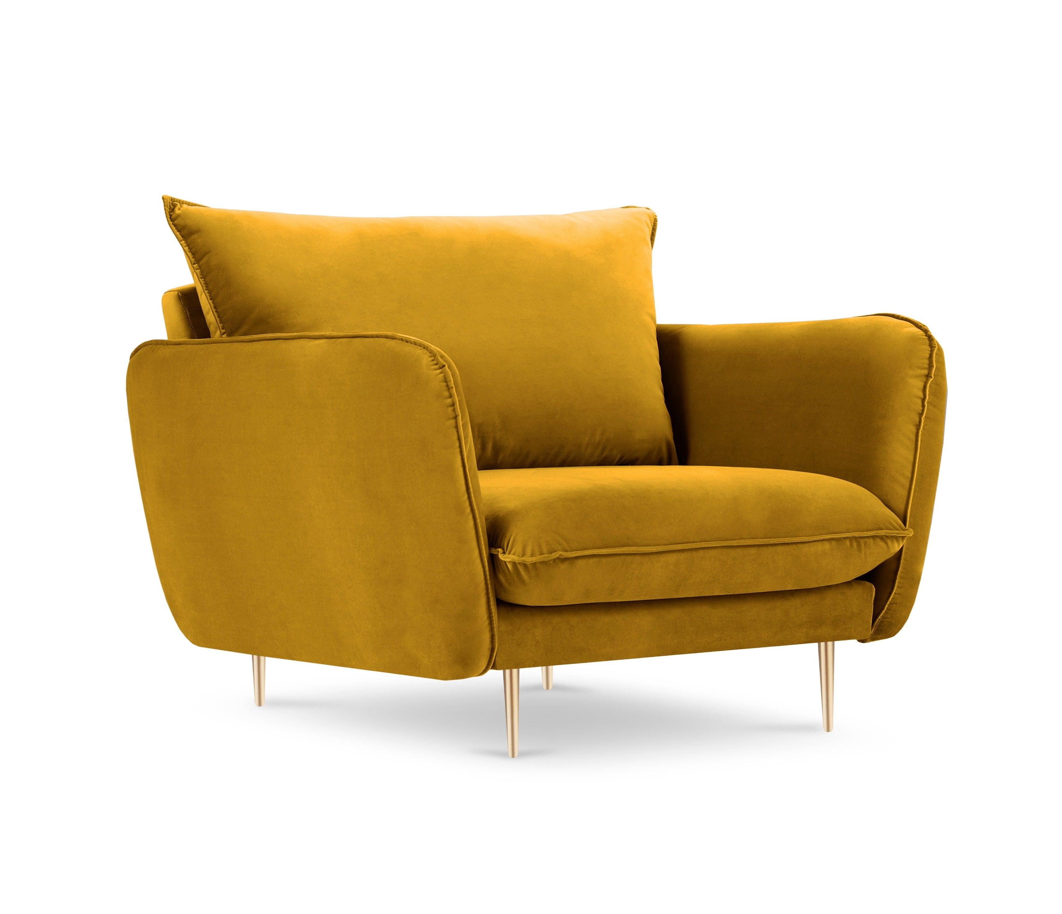 Velvet armchair VIENNA yellow with gold base - Eye on Design