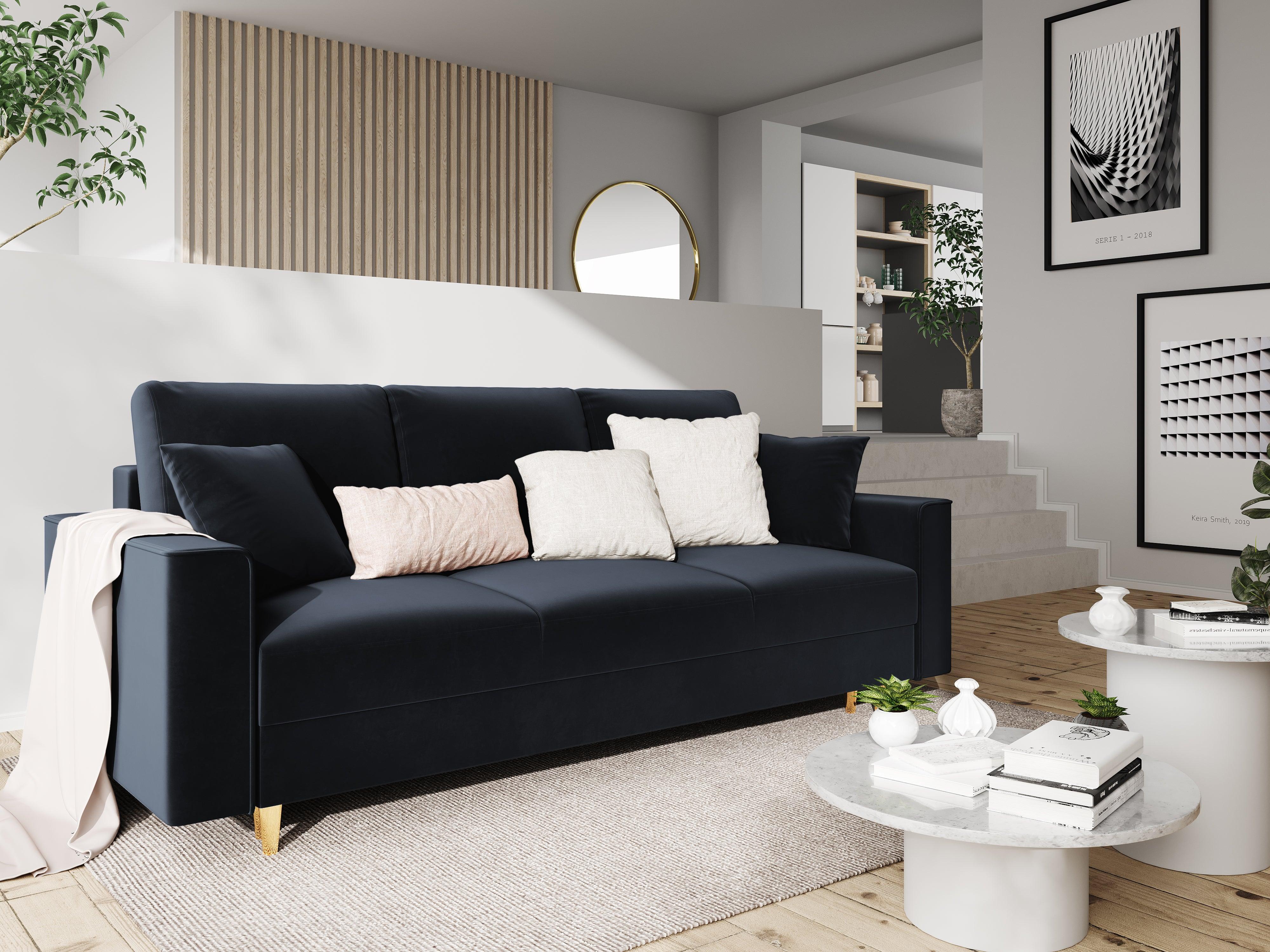 Sofa aksamitna z funkcją spania CARTADERA granatowy ze złotą podstawą, Mazzini Sofas, Eye on Design