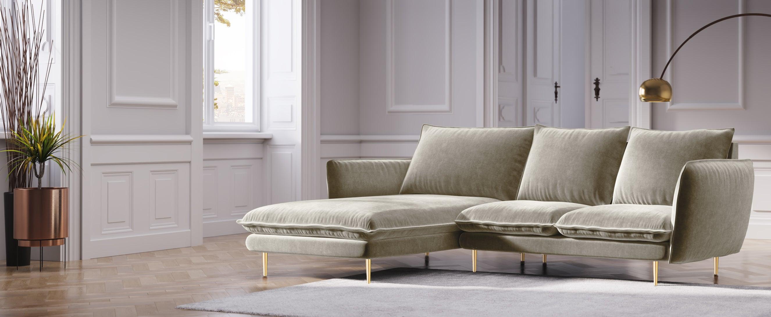 VIENNA left-hand velvet corner sofa beige with gold base - Eye on Design