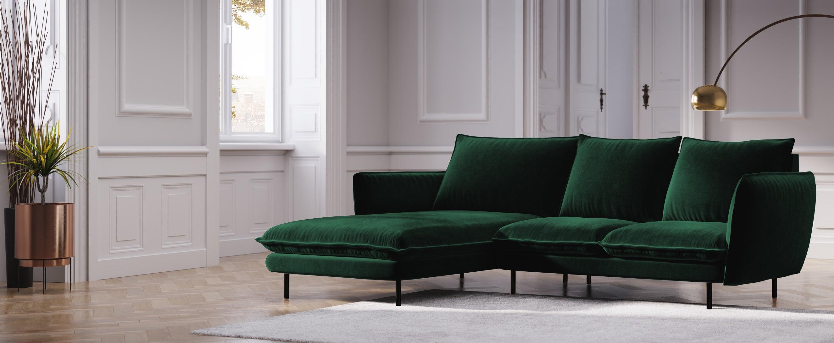 VIENNA left-hand velvet corner sofa green with black base - Eye on Design