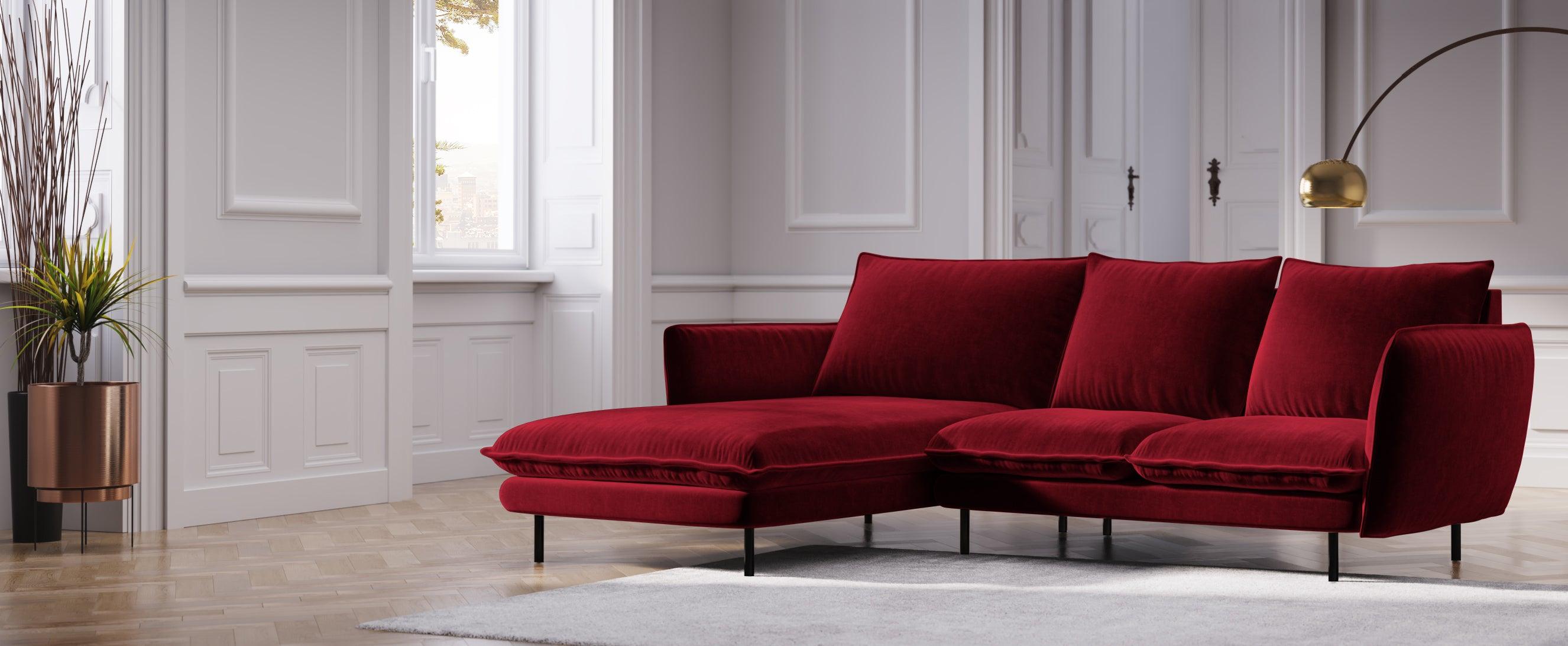 VIENNA left-hand velvet corner sofa maroon with black base - Eye on Design